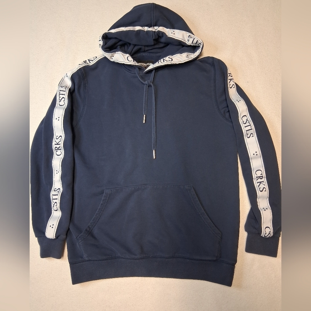 Crooks & Castles Navy Hoodie with White Branded Sleeve Tape